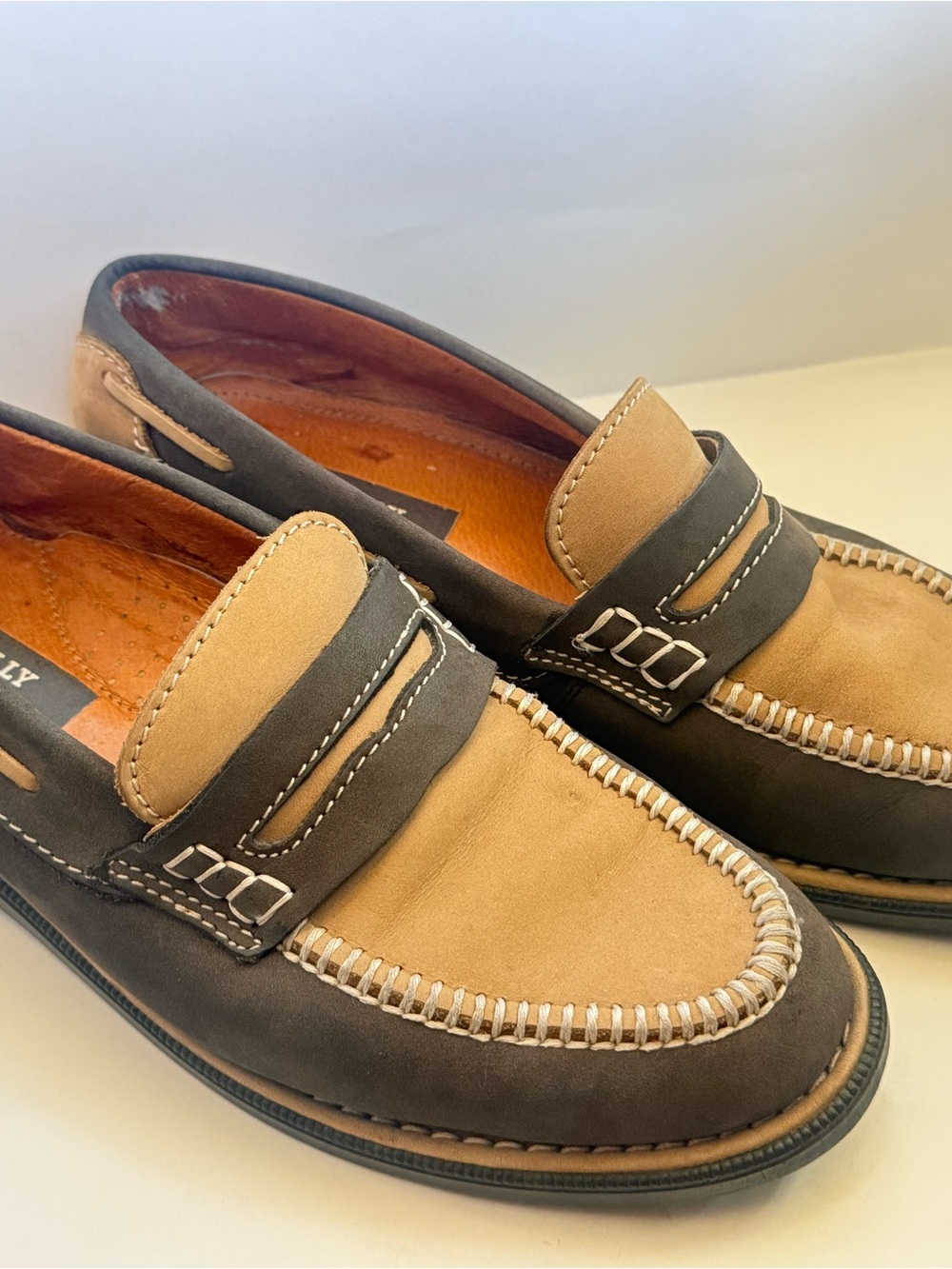 Bally Two-Tone Brown & Tan Leather Penny Loafers